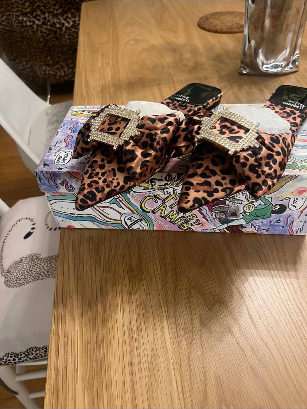 Jeffrey Campbell Leopard Print Pointed Toe Mules with Rhinestone Buckle